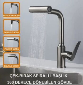 Fleko Çok Modlu Spiralli Mutfak Evye Bataryası Şelale Yağmurlama Fonksiyonel