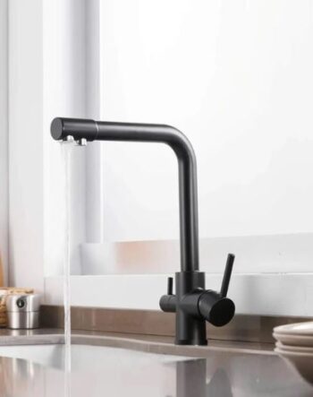 Siyah Arıtmalı Mutfak Eviye Bataryası 3 Yollu L Boru Lüx Su Tasarruflu Musluk Garantili