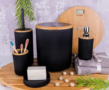Lena Bambu Desenli Beşli Banyo Seti - Siyah