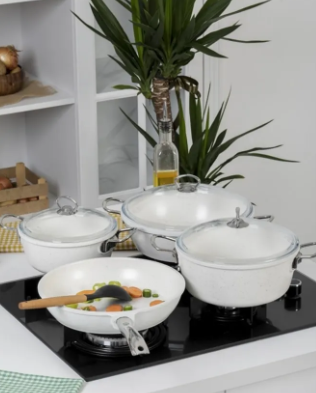 Taç Gravita Döküm 4'lü 7 Parça Tencere Seti - Beyaz