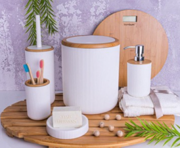 Lena Bambu Desenli Beşli Banyo Seti - Beyaz