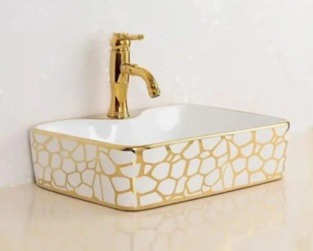 Rena Design Kare Dikdörtgen Tezgah Üstü Seramik Gold Krom Desenli Lüks Çanak Lavabo