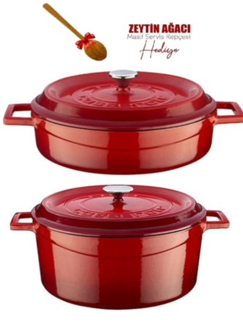 Lava Demir Döküm Trendy Serisi 28 Cm Derin + 28 Cm Kısa Pilav Tenceresi - Kırmızı